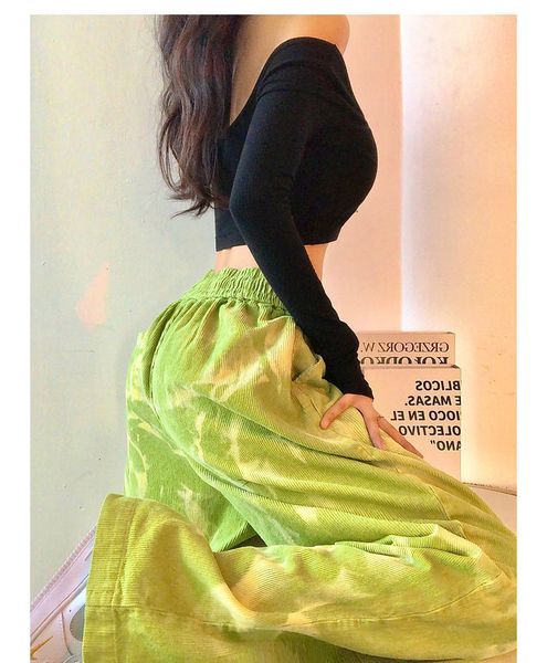 

women s pants s harajuku y2k women corduroy tie dye green high waits female loose streetwear trousers casual korean style 230508, Black;white