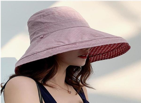 

summer women doublesided cotton linen plaid sun hat elegant big wide brim foldable antiuv beach sun floppy hats flat caps bob6339960, Blue;gray
