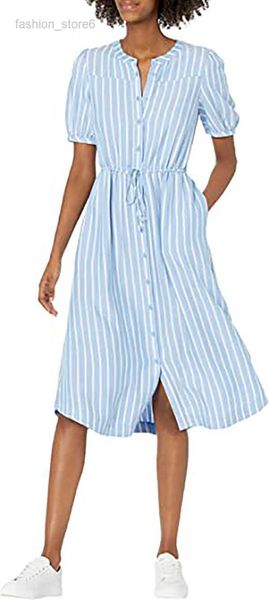 

women's half-sleeve waisted midi a-line dress blue/white french stripe large, Black
