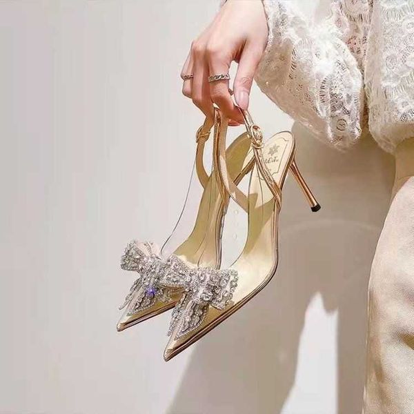 

summer new crystal transparent straight line high thin heel pointed silver rhinestone bow sandals women's shoes, Black