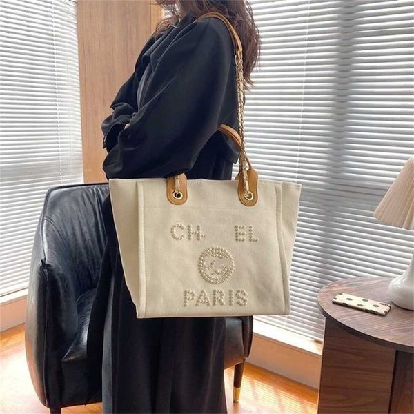 

50% off factory online new canvas high capacity pearl tote bag small fragrant style fashion women's beach chain strap shoulder