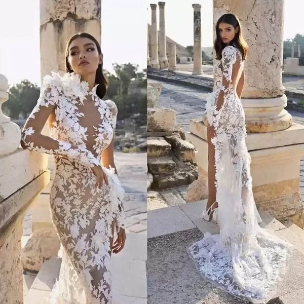 

high collar mermaid wedding dresses with long sleeve lace open back wedding gown 3d-floral appliques mermaid bridal gowns handmade flowers, White