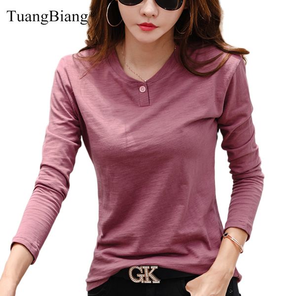

women's t-shirt long sleeve spring women slub cotton t shirts female button green v-neck solid color t-shirt coffee korean soft loose, White