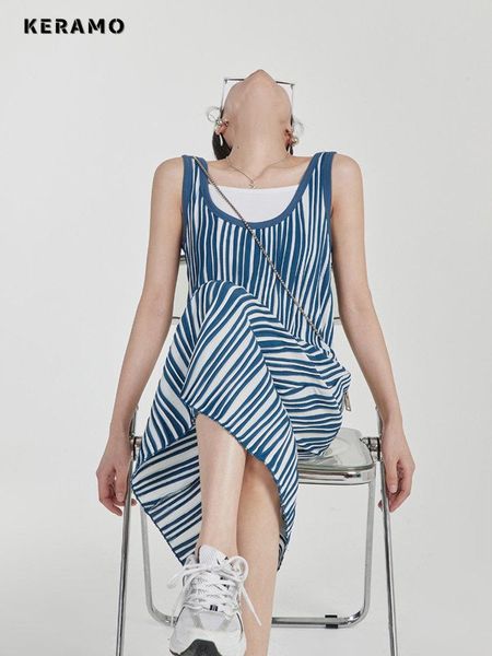 

dresses women casual sleeveless round neck striped mid long dresses 2023 summer knitting loose fit backless pregnant camisole dress, Black;gray