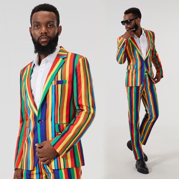 

men s suits blazers men tuxedo groom wear wedding costume homme 2pcs slim fit terno masculino blazer jacket pant colorful striped rainbow su, White;black