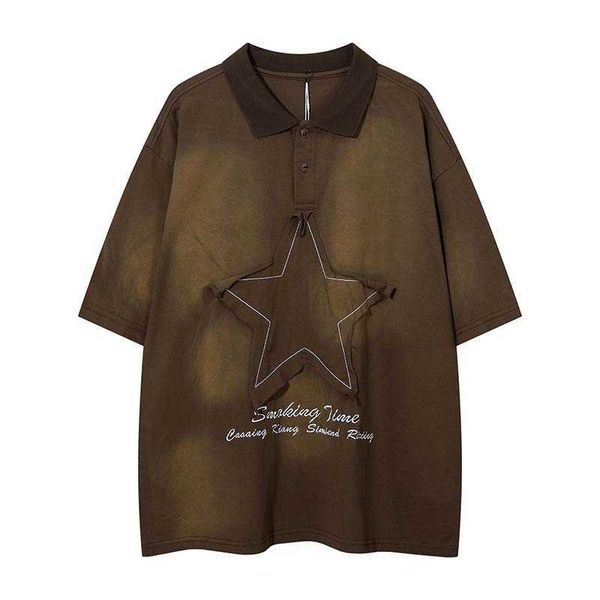 

american style washed and worn pentagram patch letter embroidery polo shirt for men and women loose and versatile short sleeves, Black;white