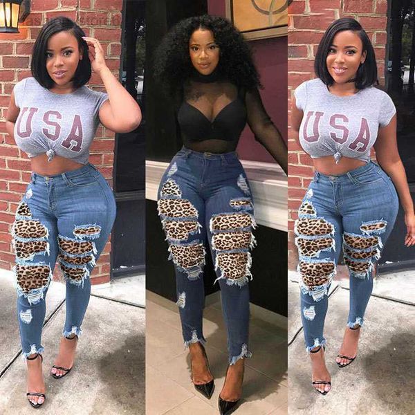 

women's fashion personalized leopard stitching jeans jogger pants, Black;white