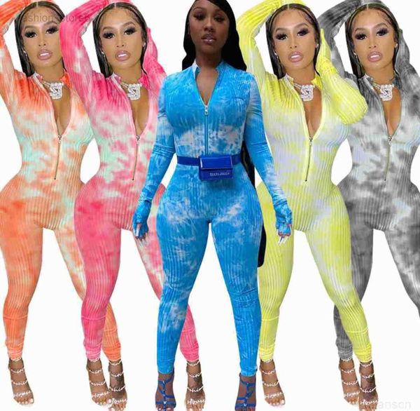 

womens dresses onesies desinger jumpsuit rompers tie dyed print slim long sleeve zipper ladies casual pant one piece clothing, Black;gray
