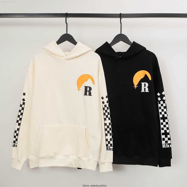 

rhude men's hoodies american high street trendy sunset theme printed loose casual hooded sweater for men and women, Black