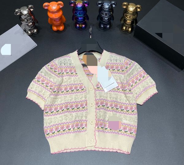 

427 l 2023 summer sweaters women's cardigan pink sweater v neck short sleeve brand same style women's qian3, White;black