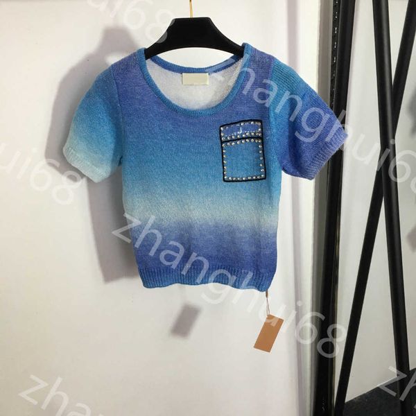 

23ss womens designer clothing womens knits round neck nail drill pocket gradient color halo dyed wool knit short sleeve t-shirt womens cloth, White