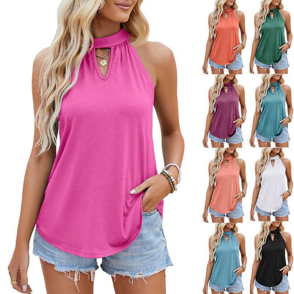 

2023 summer new women's tank hanging neck lock hole sleeveless shirt loose fit, White