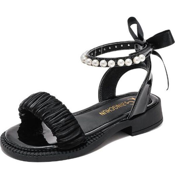 

girls' sandals 2023 summer new pearl fashion sandals korean edition soft sole middle school students' casual girls' roman sho, Black;red