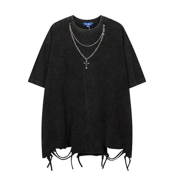 

american street china-chic necklace short sleeve t-shirt men's fashion brand loose versatile popular design top, Black;white