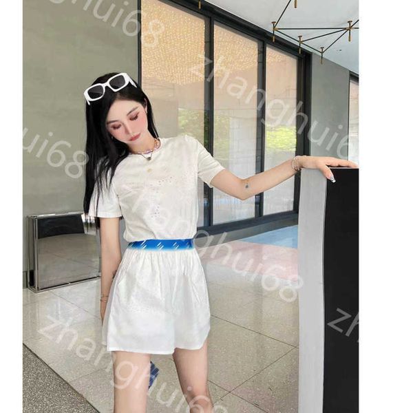 

23ss womens designer clothing women set round neck pure cotton logo drill short sleeve t-shirt blue gradient yarn-dyed ribbon shorts set wom, White