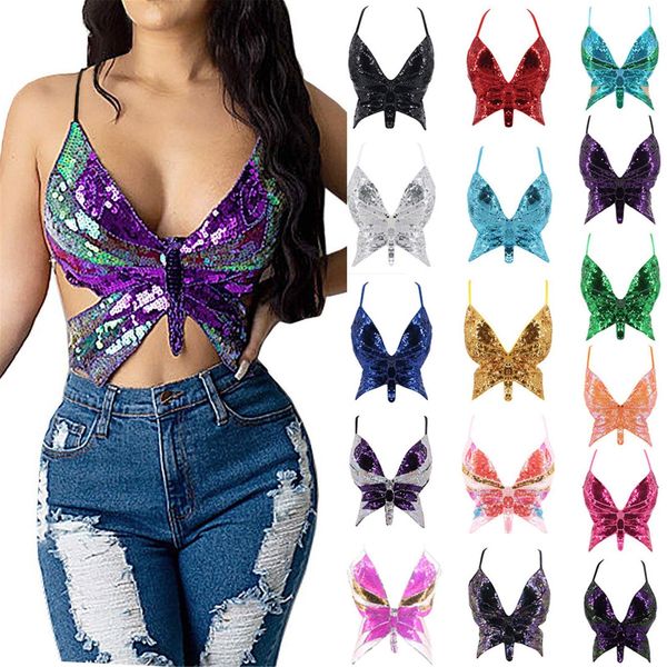 

camisoles tanks y2k butterfly sequin crop women summer backless v neck club costume outfits festival clothes bandage bra 230508, Black;white