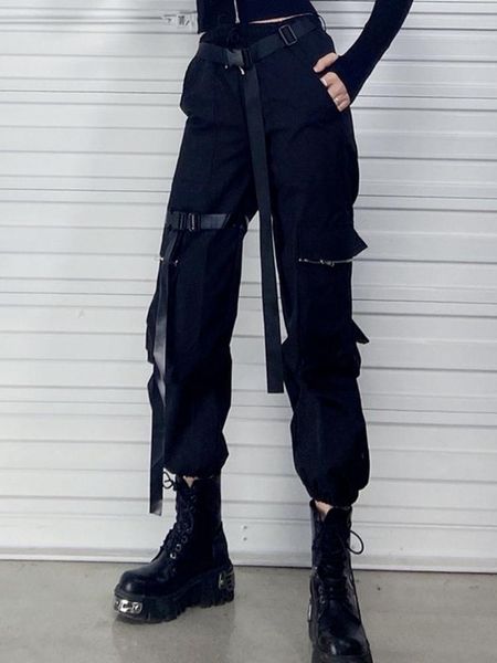 

capris qweek techwear gothic black cargo pants women mall goth streetwear joggers oversized pockets loose trousers for female punk kpop, Black;white