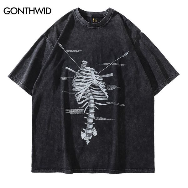 

men's t-shirts distressed oversize tshirt streetwear hip hop vintage skeleton skull print punk gothic t-shirt harajuku casual loose tee, White;black