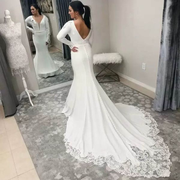 

applique soft satin mermaid wedding dresses with long sleeve hollow wedding gown mermaid bridal plus size women dress, White