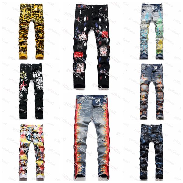 

luxury brand mens jeans designer fashion street tide printed pants jeans summer men casual breathable jeans skinny, Blue