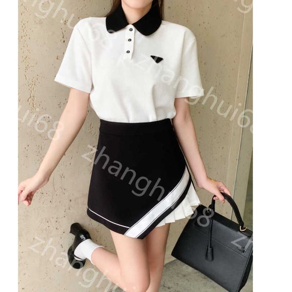 

23ss women designer clothes skirt set brand lapel short sleeve t-shirt pleated stitching irregular side zipper high waist a-line half skirt, White