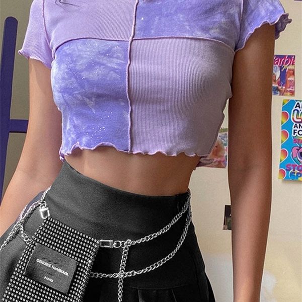 

women s t shirt chic crop tees tie dye with sequin patchwork women summer t shirts ruffles hem purple or bule clothes 230508, White