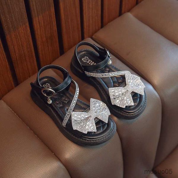 

sandals girls sandals summer new kids fashion rhinestone bow beautiful versatile children flat casual shoes for princess breathable, Black;red