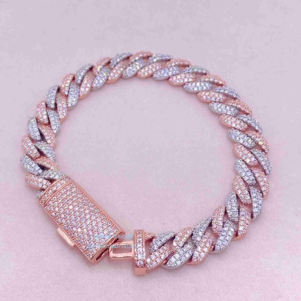 

rose gold 2 tone vvs moissanite diamond 10mm thick sterling silver cuban link chain bracelet