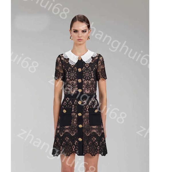 

23ss summer dresses women dress womens designer clothing lace water-soluble flower temperament slim-fit lapel short-sleeved dress with belt, Black;gray