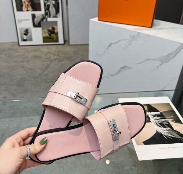

designer women sandals shoes goatskin plated kelly buckle flip flops brown white black slip on lady beach slippers original box eu35-42