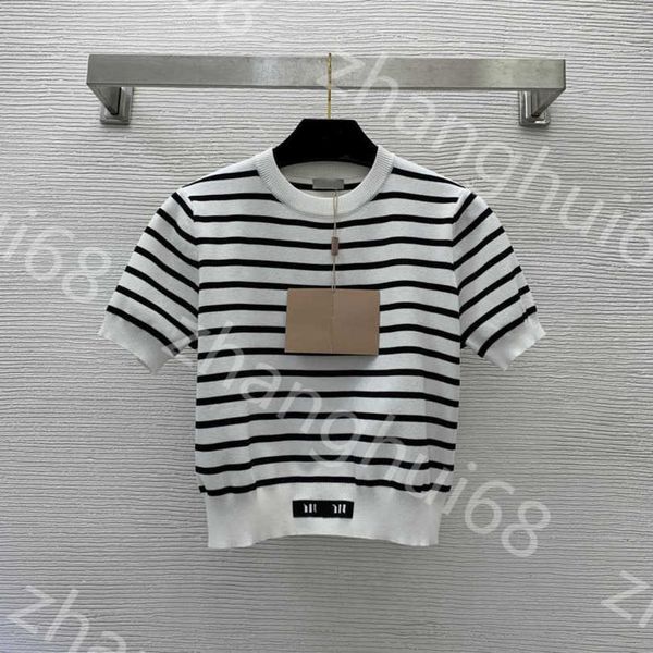 

23ss womens designer clothing womens knits round neck black and white striped logo jacquard logo crewneck pullover short sleeve sweater wome
