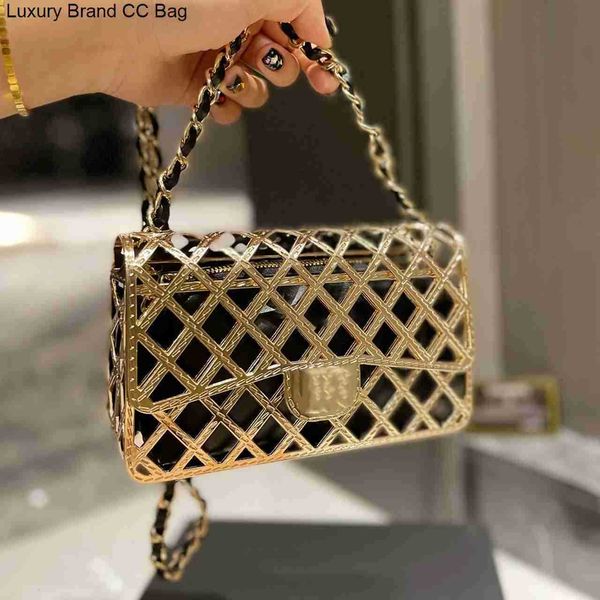 

trend bags 2022ss cc luxury flap shoulder gold bags metal hollow woven lined zipper leather bag classic check chain messenger bag senior des