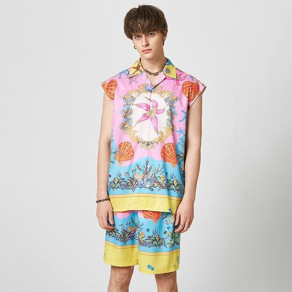 

men s tracksuits 2023 sets printing vacation loose lapel sleeveless shirt shorts 2pcs summer streetwear casual hawaiian suits incerun 230508, Gray