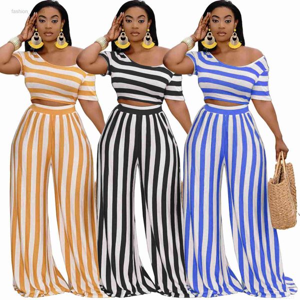 

women's two piece pants designers women clothes 2023 fashion open navel striped wide leg pants two-piece suit recommend, White
