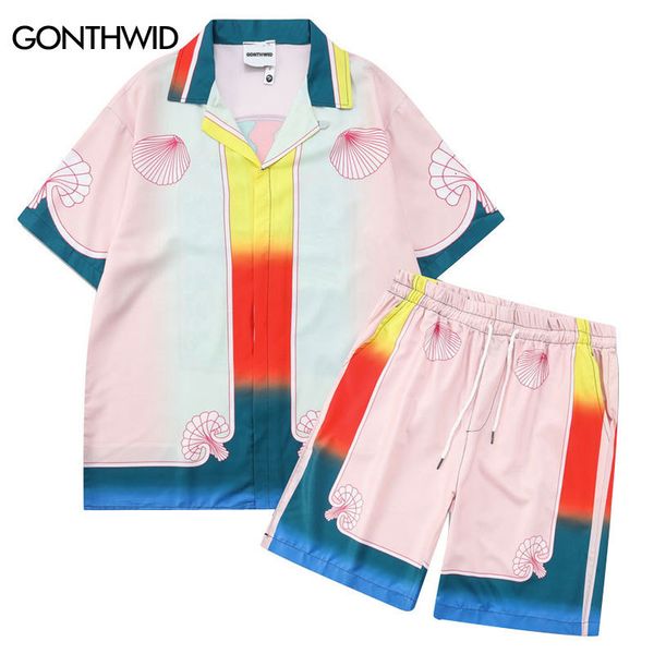 

men's tracksuits beach clothes men 2 piece set vintage print button hawaiian shirt and shorts suit summer fashion casual short sleeve o, Gray
