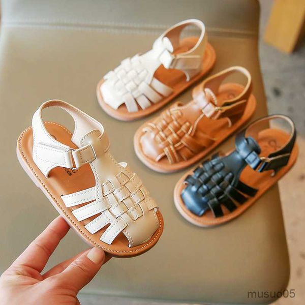 

sandals sandalias new summer girls sandals vintange weave solid closed toe shoe for kids girl casual breathable beach sandals shoe, Black;red