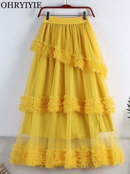 

skirts ohryiyie sweet cake tulle skirt women elegant midi long high waist a line skirt female winter yellow green party skirt lady 230508, Black