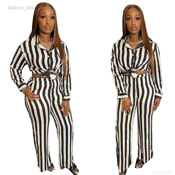 

women's new black and white striped fashion navel exposed striped wide leg pants two piece set
