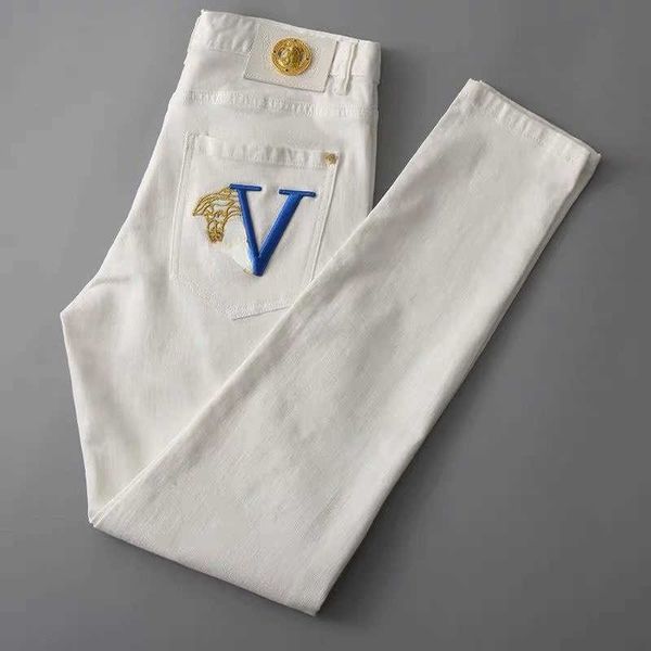

mens jeans medusa embroidered casual straight leg pants designer jeans water wash zipper access control sports pants plus size trousers, Blue