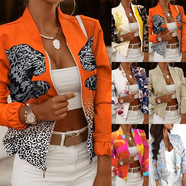 

women's jackets spring autumn women thin jackets vintage print long sleeve zipper jacket coat women casual outerwear short jackets fas, Black;brown