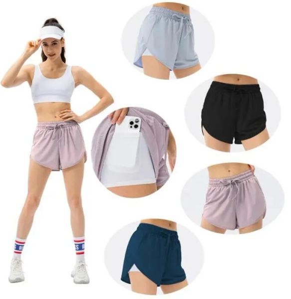 

lulus-31 women yoga lulus faux two pairs of gym lemens shorts pocket-light-resistant loose-fitting tennis running gym shorts for quick dryin, Gray