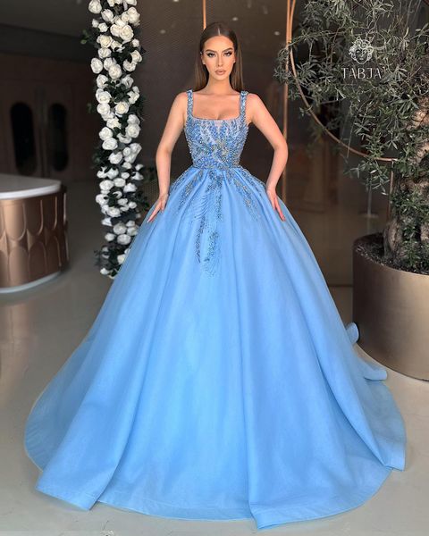 

sky blue beaded prom dresses square neck tulle a line evening dress luxury gowns 2023 for party, Black