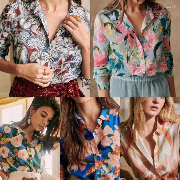 

women's blouses women shirt silk cotton blends floral print turn-down collar single breasted lady blouse lightweight slightly transpare, White