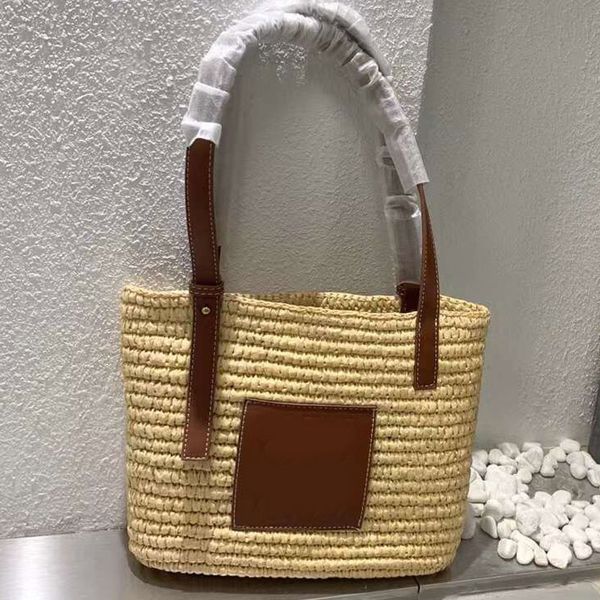 

straw woven bucket bag woven tote bag shoulder handbag classic letter print leather handle fashion summer beach bag women clutch