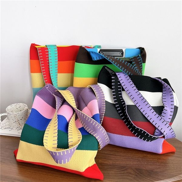 

shopping bag knitted crocheted colorful stripe shoulder handbag woven 230506