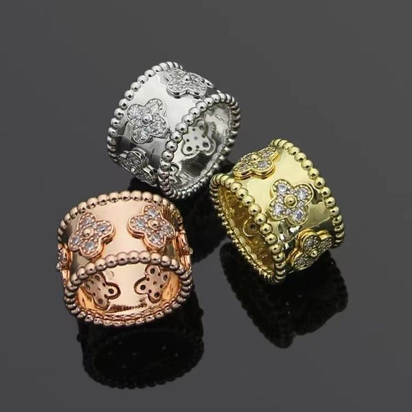 

luxury brand four leaf clover ring for women fashionable charming crystal wide face diamond ring 18k gold designer ring jewelry, Silver