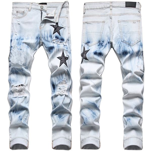

skinny jeans men designer jeans long pencil pants mid star letter motorcycle moto biker causal mens denim pants hip hop men jeans, Blue