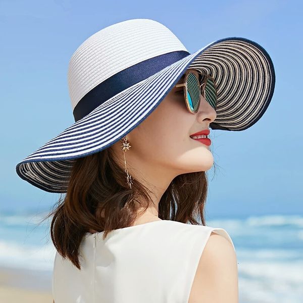 

stingy brim hats fashion hepburn wind black white striped bowknot summer sun beautiful women straw beach large brimmed 230508, Blue;gray