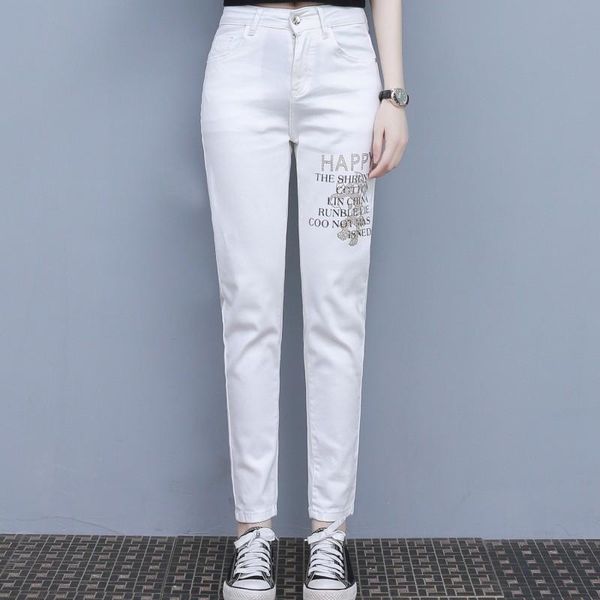 

jeans new korea trend summer sequins letter print white jeans women rhinestone cotton elastic denim harem pants clothing pantalon, Blue