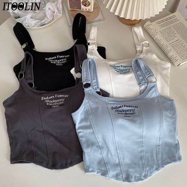

camisoles tanks itoolin women embroidery letter with bra pad casual camis y2k crop for shoulder belt iron ring 230508, Black;white